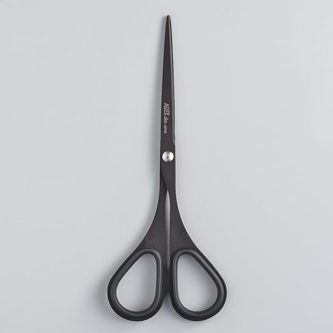 ALLEX Small Black Scissors for Office 5.5" [Non-Stick], All Purpose Slim & Thin Low Profile Scissors, Made in JAPAN, All Metal Japanese Stainless Steel Blade with Non-Slip Soft Ring, Black