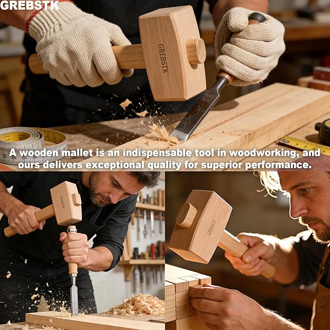 GREBSTK Beech Wood Mallet - Woodworking Hammer & Ice Crusher for Cocktails, Perfect for Chisels, DIY, Bar Tool, Polished Solid Hardwood, 12 Inch