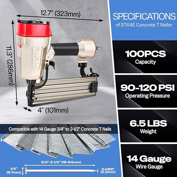 meite ST64E Concrete Nail Gun with 400PCS 14 GA 1-1/4 Inch T Nails, Heavy Duty Pneumatic Concrete T-Nailer Gun for Plywood/Decking/Furring, 100PCS Magazine, Accepts 3/4'' to 2-1/2''