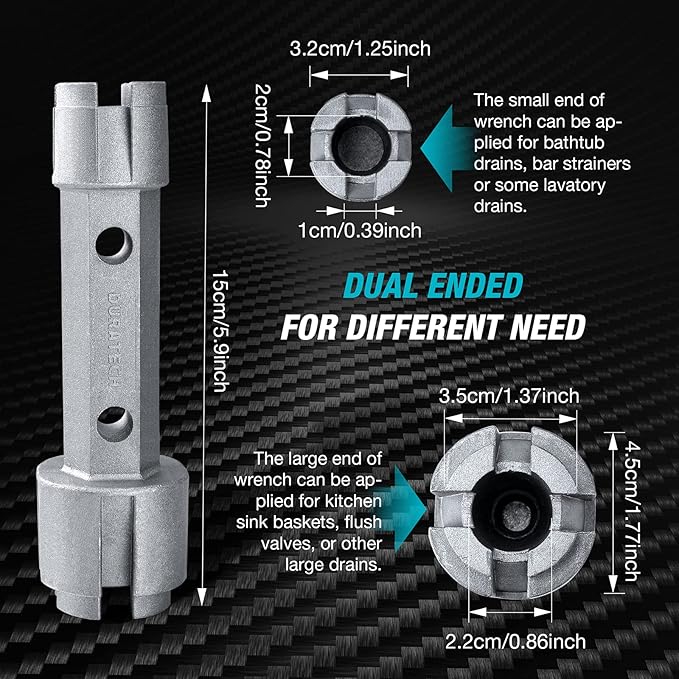 DURATECH Tub Drain Remover Wrench, Dual Ended Aluminum Alloy Wrench for Bath and Shower Drains