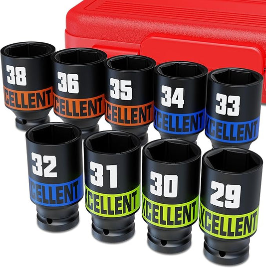 9 Piece 1/2-Inch Drive Impact Socket Set, 29-38mm Alxe Nut Sockets, 6 Point Metric Sockets for Automotive Repair, Equipment Maintenance