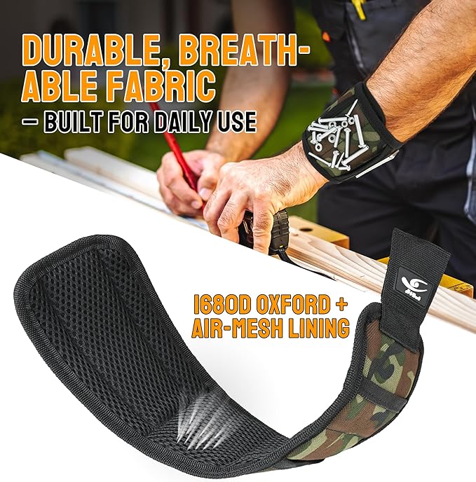HiRui Magnetic Wristband for Tools ??Ultra-Strong 15 Neodymium Magnets Hold Screws, Nails & Bits, Dual Pockets ??Hands?멑ree for DIY, Home Repairs, Auto ??Gift?멢eady for Dad, Husband, Grandpa (CAMO)