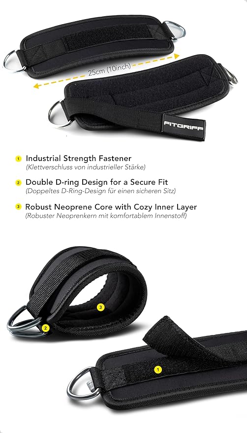 Fitgriff짰 Ankle Straps V1 for Cable Machine (2 Pieces) - Gym Workout Equipment - Leg Pulley Attachment, Kickback Straps
