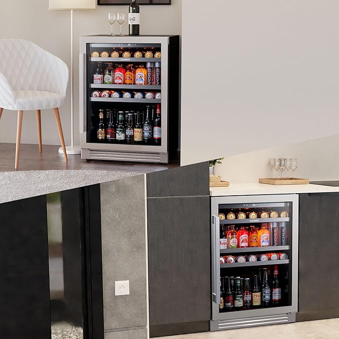 Ca'Lefort 24 Inch Beverage Refrigerator - 180 Can Beverage Fridge with 34째-54째F, Built in or Freestanding Beverage Cooler with Glass Door and 3 LED, Drink Fridge for Home/Kitchen(5.65 cu.ft)