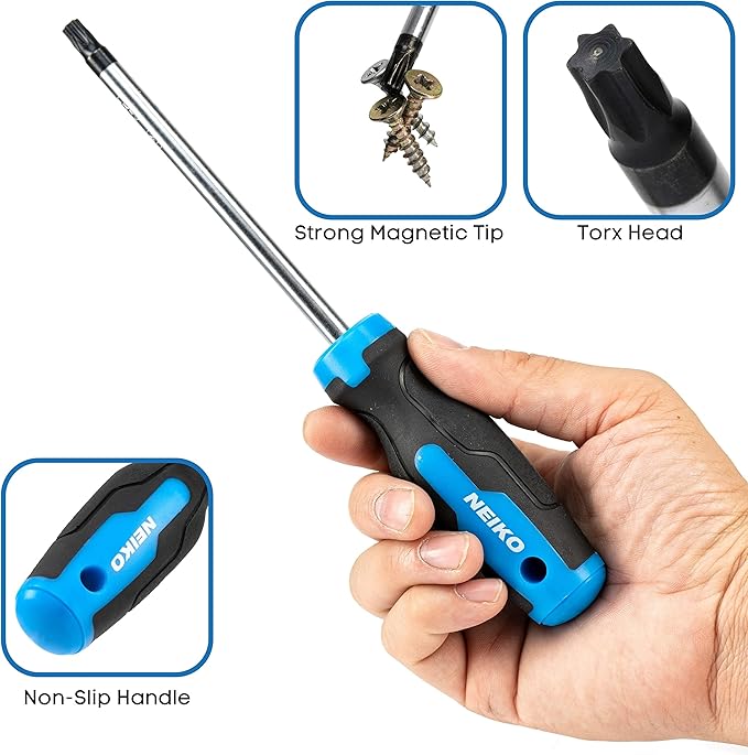 NEIKO 01377A Magnetic Torx Screwdriver Set | 12 Piece | T5 ??T40 | 6 Point Star Head Driver | Heat Treated Chrome Vanadium Steel | Non Slip Cushioned Handle Grip | Magnet Bit Tip | Carrying Pouch
