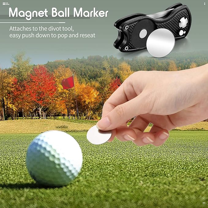 Skylety 4 Pcs Golf Divot Repair Tool Metal Foldable Golf Divot Tool with Magnetic Pop-up Button Ball Marker Stainless Steel Switchblade for Golfers Prizes