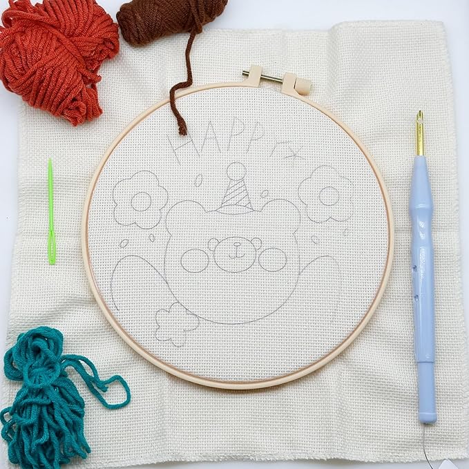 Woohome Punch Needle Kit Included Plastic Hoops, Punch Needle Cloth, Color Yarn and Punch Needle Tools for Adults, Beginners (Flower, Lake and Bear)