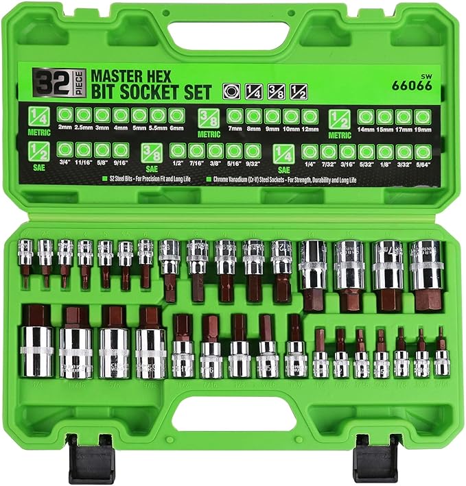 SWANLAKE 32 Piece Hex Bit Socket Set,SAE and Metric, 1/4'', 3/8', 1/2'' Drive Socket Set, S2 & Cr-V Steel