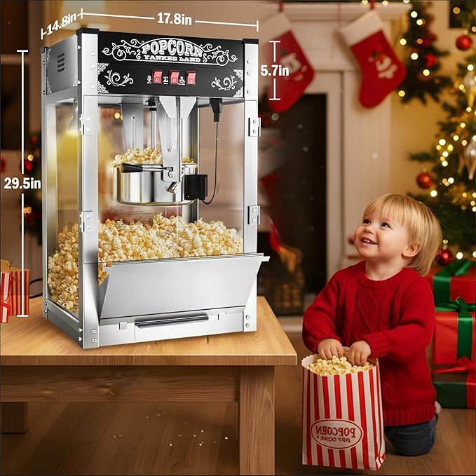 20 Oz Commercial Popcorn Machine, 1440 W, Movie Theater Popcorn Machine, Black Tabletop Pop corn Machine with 3-Switch Control & Steel Frame Tempered Glass Doors