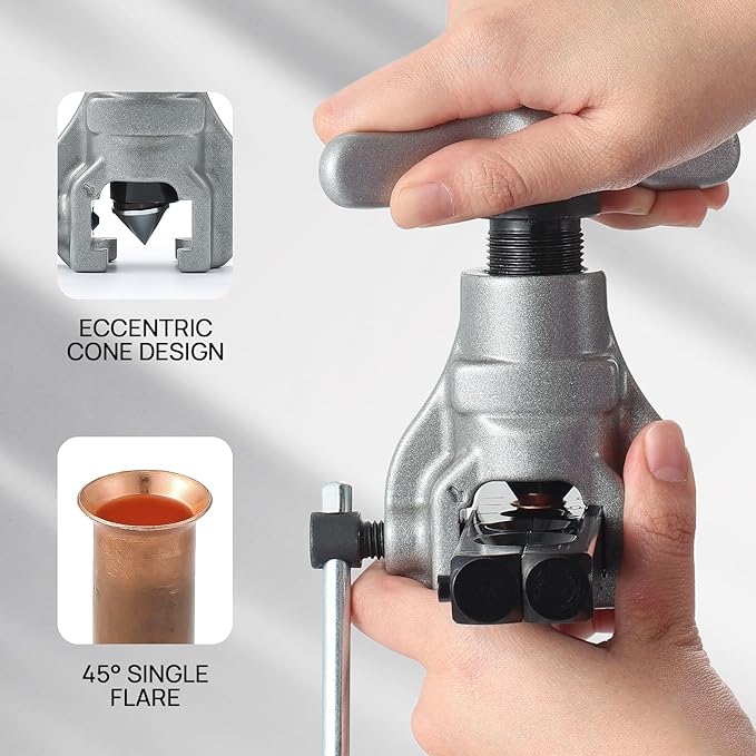 TURBRO HVAC FlaringTool Kit for 1/4 to 3/4in Pipes, 45 Degree Eccentric Cone Type, 2 Flaring Splints, Single Flaring Tool with a Pipe Cutter and Deburring Reamer, for Copper and Aluminum Pipes