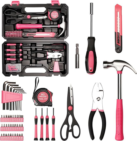 50-Piece Pink Tool Set for Women, Household Small Tool Set with Storage Toolbox for Home Repairs, Hand Tool Kit for College, Dorm, Office