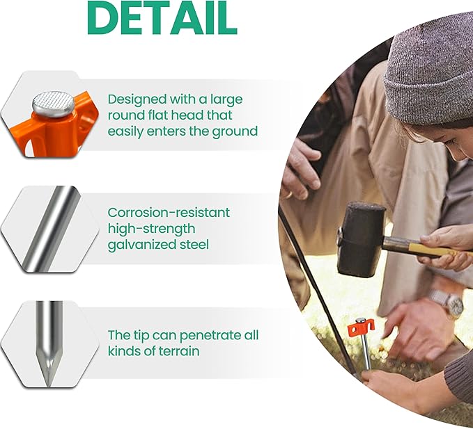 Tradesparker Tent Stakes 12-Pack 8Inch Heavy Duty Garden Stakes Canopy Anchors Double-Sided Hook Design - Includes Ropes for Camping Tents, Pop Up Canopies and Outdoor Events, Orange
