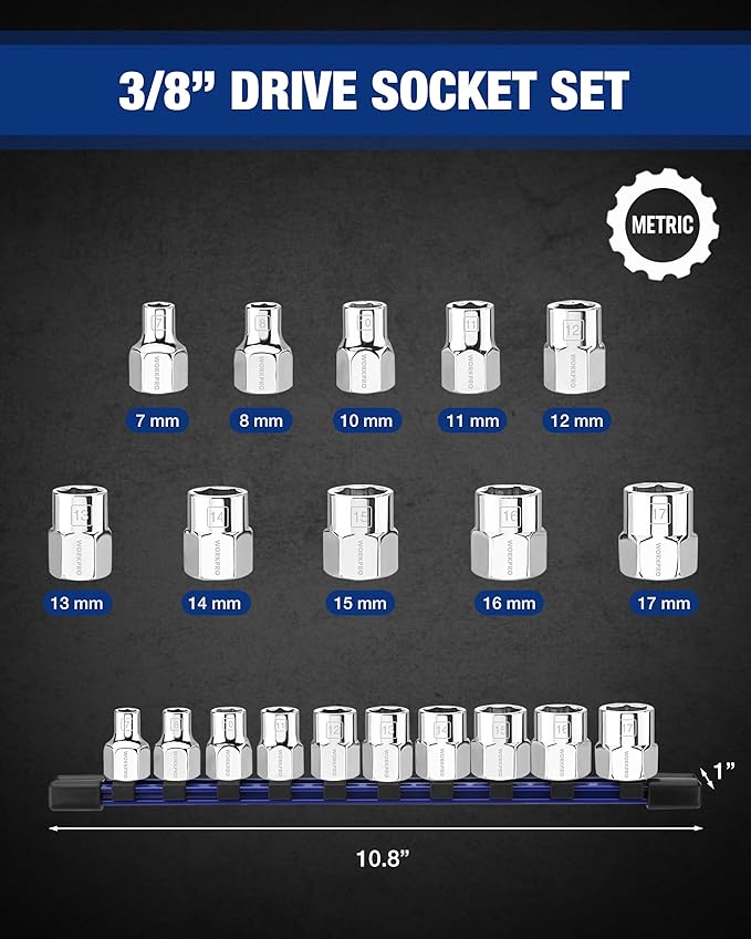 WORKPRO 3/8" Drive Socket Set, 10-Piece Metric CR-V Socket Set with Sturdy Socket Organizer, 6-Point Standard & Shallow Sockets 7mm to 17mm, External Hex Socket Set with Socket Rail for Anti Rolling