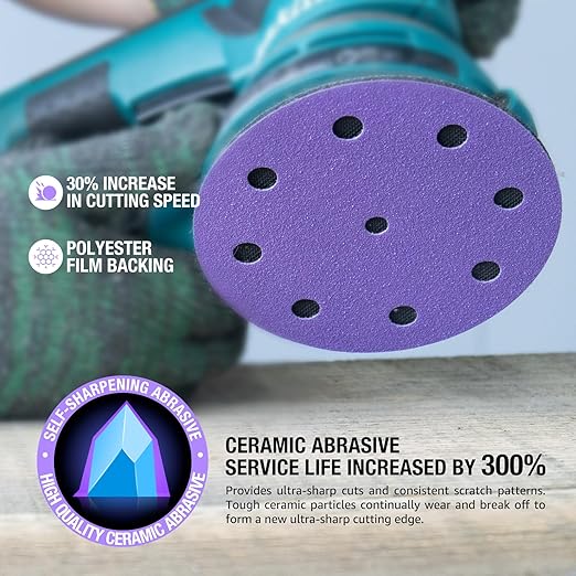 5 Inch 9 Hole Sanding Discs Purple Sanding Disc 80/120/150/180/220 Grit Ceramic Sanding Discs, Heavy-Duty Hook and Loop Film Discs Sandpaper for Random Orbital Sanders, 50 Pack
