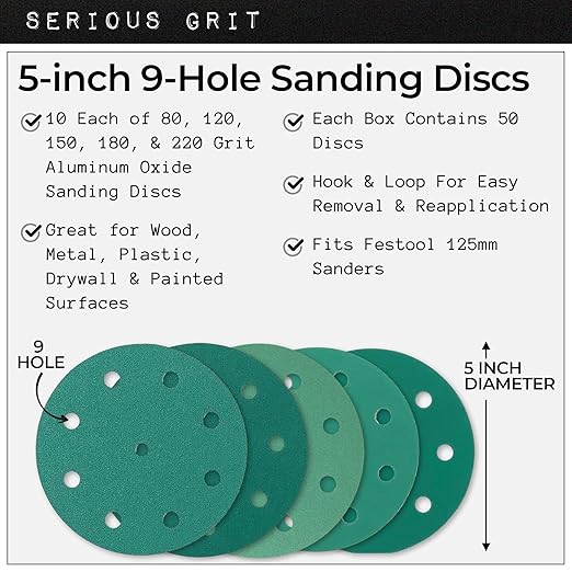 Serious Grit - 5-Inch 9-Hole Sanding Discs Assortment - 80, 120, 150, 180, 220 Grit (10 of Each) - Heavy-Duty Hook & Loop Film Discs - Sandpaper for Random Orbital Sanders - 50 Pack Box