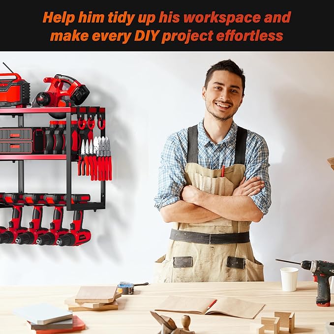 Power Tool Organizer Wall Mount, Heavy Duty Cordless Tool Organizer 8 Drill Holder, 3 Layer Garage Organization for Storage Rack, Suitable Tool Rack for Tool Room, Workshop, and Storage (Red)