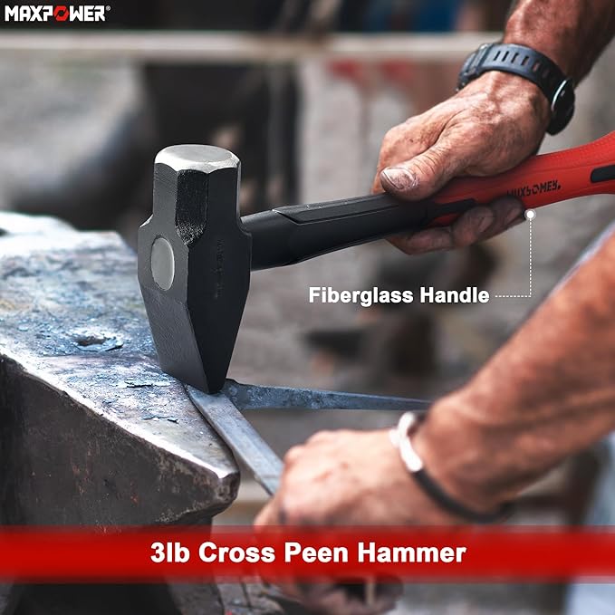 MAXPOWER 3LB Cross Pein Hammer, with 12-7/8" Fiberglass Handle, Drop Forged Steel Head