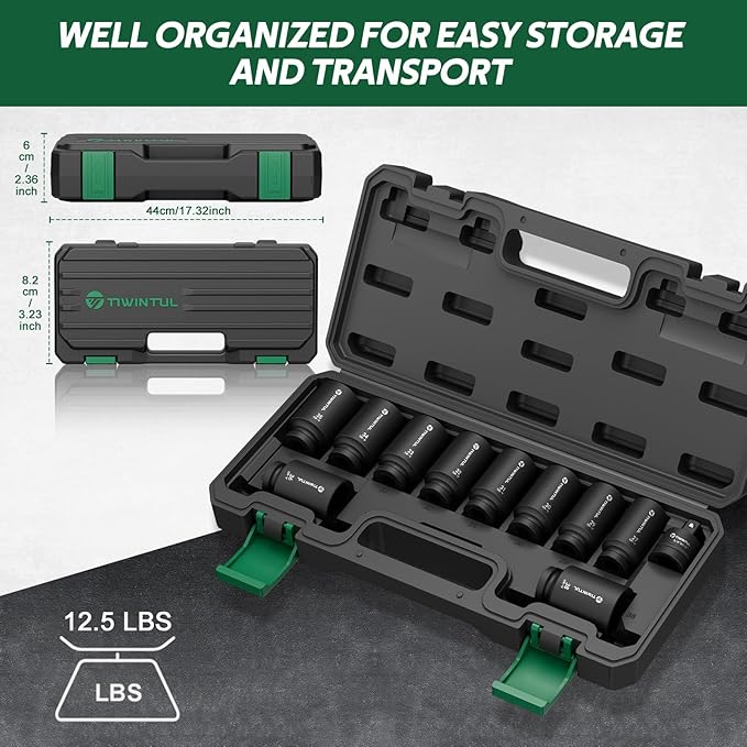 11-Piece Axle Nut Socket Set, Metric 1/2 Impact Socket 27mm-38mm, CR-MO 3/4"-1/2" Adapter, 6-Point Deep Socket Set for Installing and Removing Axle Nuts, with Portable Storage Case