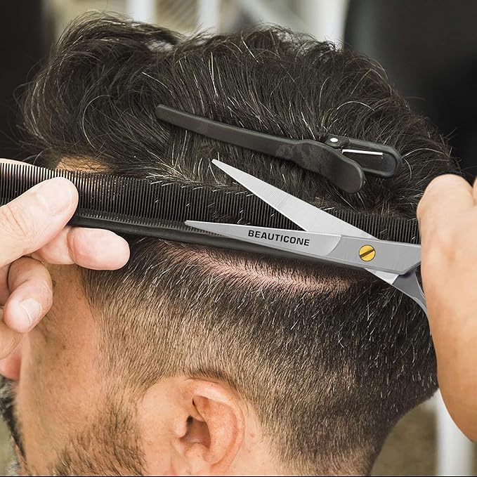 BEAUTICONE 짰 Hair Cutting Scissors - Professional Barber-Grade Salon Shears with Serrated & Razor Edge - Silver Premium & Extra Accs - Ultra Lightweight