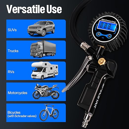 SPECSTAR 2 Pack Digital Tire Inflator with Pressure Gauge, Night Available 250 PSI Air Chuck and Compressor Accessories with Rubber Hose and Quick Connect Attachment for 0.1 Display Resolution