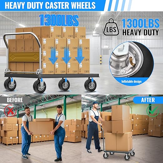 10 inch Casters Wheels, Heavy Duty Casters Set of 4 Load 1300lbs with Brake, Locking Swivel Plate Caster, Industrial Castor Wheels for Workbench, Cart, Trolley, Wagon and Shelves