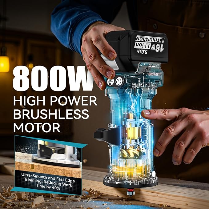 Cordless Compact Router Compatible with Makita 18V Battery, With 1 x 5.0Ah Rechargeable Battery, 6 Pcs Router Bits for Woodworking, 6 Variable Speeds Router With Trim Bits