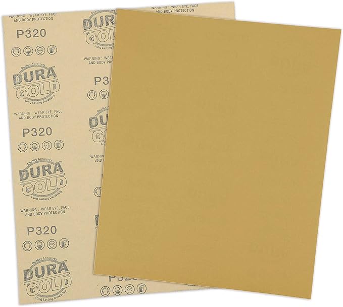 Dura-Gold Premium 9" x 11" Gold Sandpaper Sheets, 320 Grit (Box of 10) - Wood Furniture Woodworking, Automotive Paint, Full-Size Cut to Use on 1/4, 1/3, 1/2 Sheet Finishing Sanders, Hand Sanding Block
