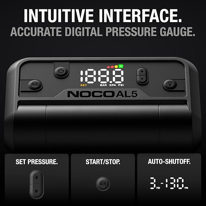 NOCO Air AL5: UltraFast 5A Cordless Tire Inflator ??Portable Battery-Powered Air Compressor Pump ??17 SLPM Airflow Inflates 0??0 PSI in 7 Minutes ??Digital Gauge + Auto-Shutoff