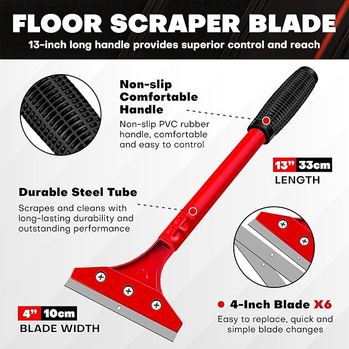 12PCS Drywall Tools Set - Stainless Steel Putty Kit with 1"-8" Knives, 8"-10" Taping Knife, 6.5" Bucket Scoop, 8-in-1 Painter Scraper, 12" Mud Pan, 13" Floor Scraper Blade with 4" Replacement Blades