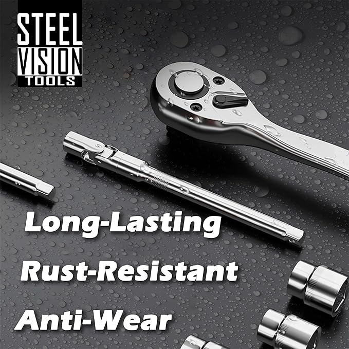 Steel Vision Tools 44-Piece 1/4" Drive SAE & Metric Socket Set, Shallow & Deep, Chrome Finish, 72T Ratchet & Extensions, Mechanic Tool Kit for Automotive & DIY Repair
