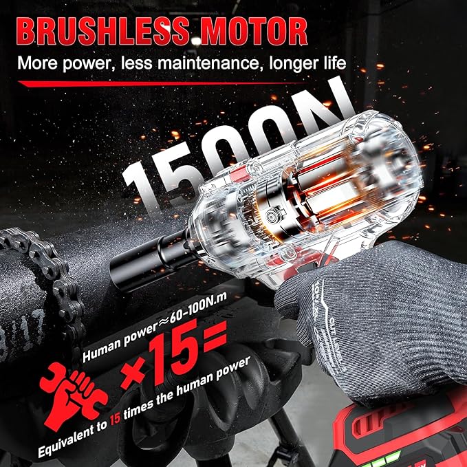 1500N.m (1100ft-lbs) Cordless Impact Wrench, 1/2 High Torque Brushless Impact Drill with 3500RPM Power, 2 x 4.0Ah Batteries, Fast Charger, Variable Speeds for Car/Truck RV/Mower (Red)