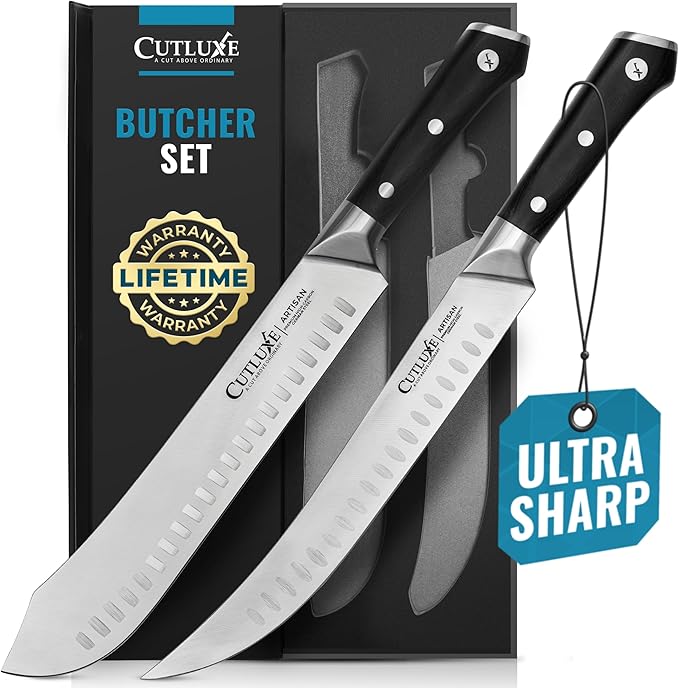 Cutluxe Butcher Knife Set ??Cimeter Breaking & Bullnose Carving Knives for Meat Cutting ??Professional Knife Set, Razor Sharp German Steel,Full Tang, Ergonomic, Butcher Knives for BBQ ??Artisan Series