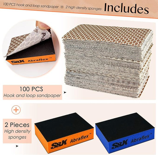 S&X Sanding Block Hook and Loop Sandpaper Assortment, 100-Pack, Multipurpose Coarse Medium Fine Sanding Sponge Set for Wood, Drywall, Metal, Washable and Reusable (Grit 320)