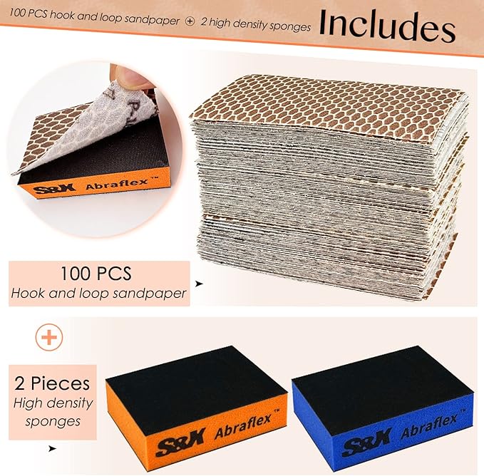 S&X Sanding Block Hook and Loop Sandpaper Assortment, 100-Pack, Multipurpose Coarse Medium Fine Sanding Sponge Set for Wood, Drywall, Metal, Washable and Reusable (Grit 240)