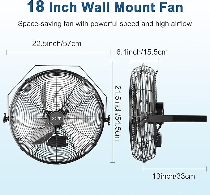 Xcity 18 Inch Metal Wall Mounted Fan, Max 4200 CFM High Velocity Industrial Fan with 3 Speeds & 360째Adjustable Tilt for Warehouse, Workshop, Greenhouse, Commercial