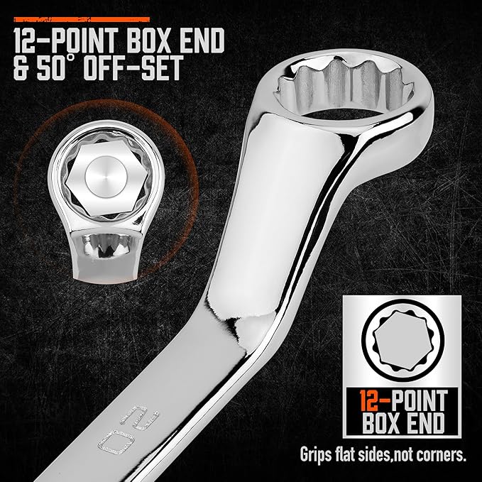 HORUSDY 9-Pieces Metric Offset Box Wrench Set with Rolling Pouch, 50-Degree, Metric 6-24mm, CR-V Steel
