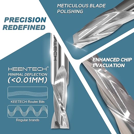 KEENTECH 1/2" Shank Upcut 2 Flute Flat Tip Sprial Router Bit for CNC Router Machine, 3/8" Cutting Diameter, 1-1/4" Cutting Depth, for Wood Cutting, Custom Furniture, Slot Mortise, Engraving, Carving