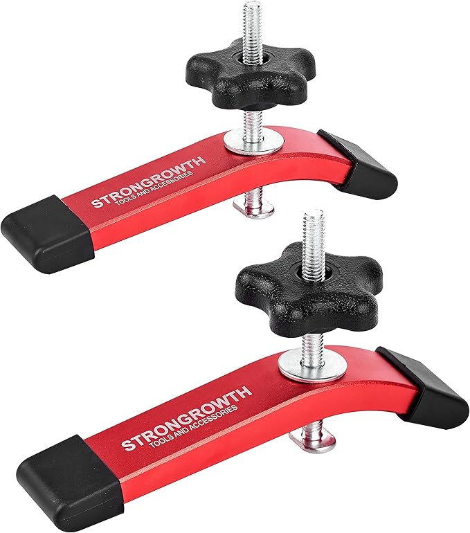 STRONGROWTH T track Hold Down Clamps - Double Cut Profile Universal T-Track Clamps, 6-3/8"L x 1-1/4"W -Woodworking and t slot clamp - Fine Sandblast Anodized - Red Color-2PK