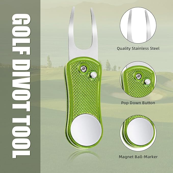 Mile High Life Golf Divot Repair Tool, All Metal Foldable Divot Tool with Pop-up Button & Magnetic Ball Marker