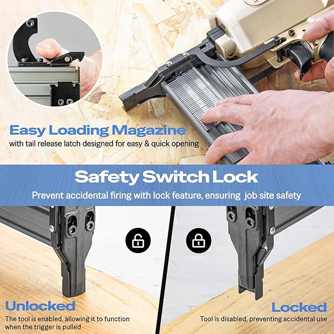 meite ST64L Concrete Nail Gun Extended Muzzle Pneumatic Concrete T-Nailer Gun for Wood-to-Concrete Projects, 100PCS Magazine, Accepts 3/4'' to 2-1/2''