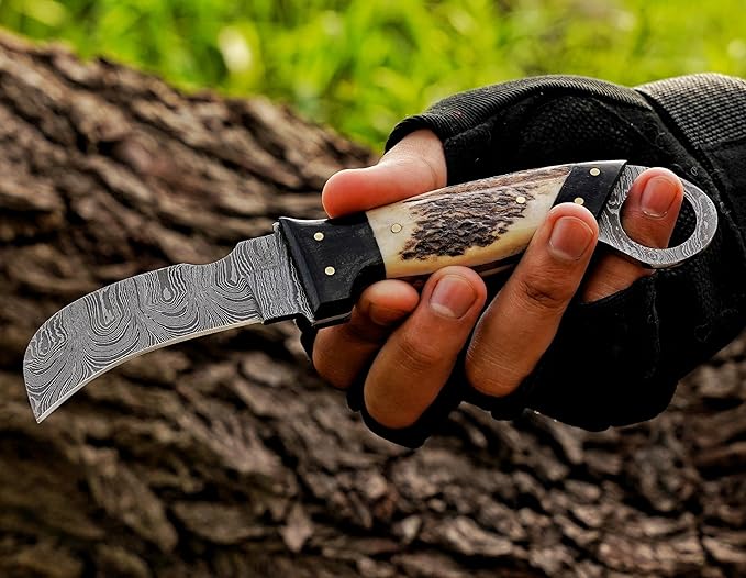 Handmade Damascus Steel,Deer Antler handle fixed blade knife with Leather sheath, Heavy Duty Utility Knife,Skinning knife for professional.