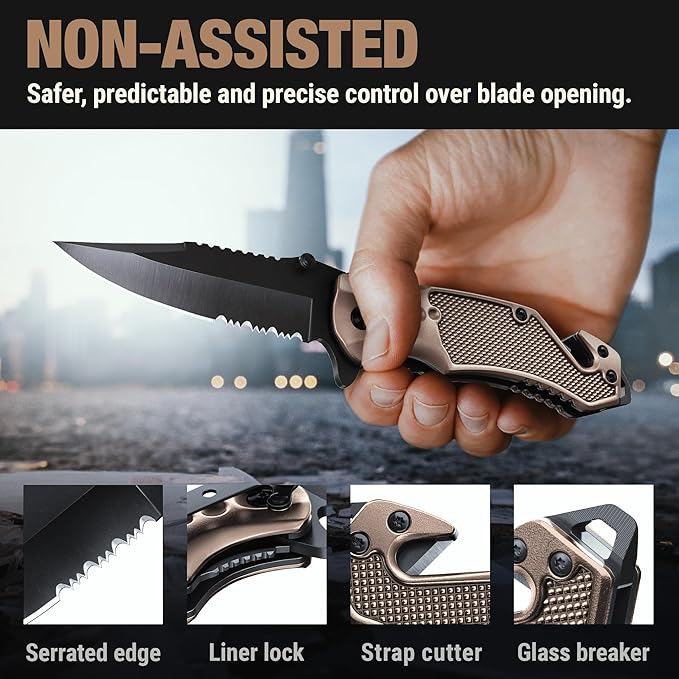 GOOD WORKER Legal Pocket Knife with 2.95??Serrated Blade, Glass Breaker, Seat Belt Cutter - EDC Sharp Folding Knives with Portable Clip - Small Tool for Tactical Camping Survival Hiking - Gifts for Men, Women