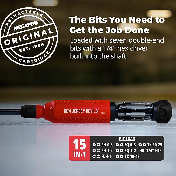 MEGAPRO짰 NHL짰 Team Edition Multi-bit Screwdriver | Officially Licensed NHL짰 Gear | Durable, Ergonomic, Pro-Grade Screwdriver (New Jersey Devils짰)