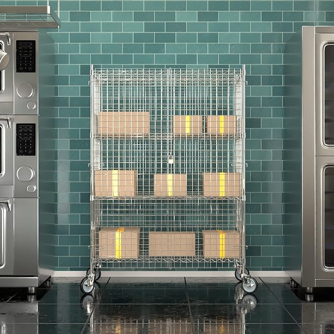 Commercial Grade NSF Listed Metal Wire Mesh Storage Chrome Mobile Security Cage Kit, 24" x 48" x 70", Perfect for Warehouse, Grocery Store, Restaurant, Dishroom