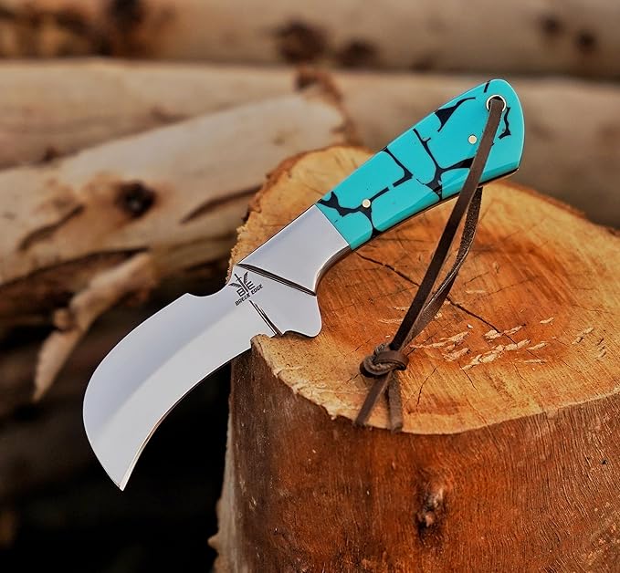 Stainless Steel Lineman's Hawkbill Knife, Fixed Blade Full Tang, Turquoise Handle with Leather Sheath