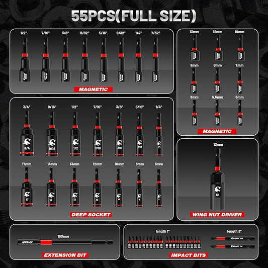 EZARC 55PCS Magnetic Impact Nut Driver Set, 1/4" Hex Shank Socket Adapter with Deep & Shallow Sockets, Wing Nut Setter, S2 Bits & Extension - Compatible with Impact Drills/Wrenches