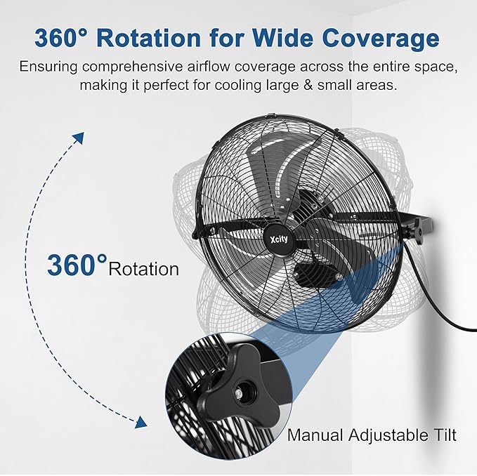 Xcity 20 Inch Metal Wall Mounted Fan, Max 5500 CFM High Velocity Industrial Wall Fan With 360째 Adjustable Tilt & 3 Speeds for Commercial, Garages, Workshops, Residential