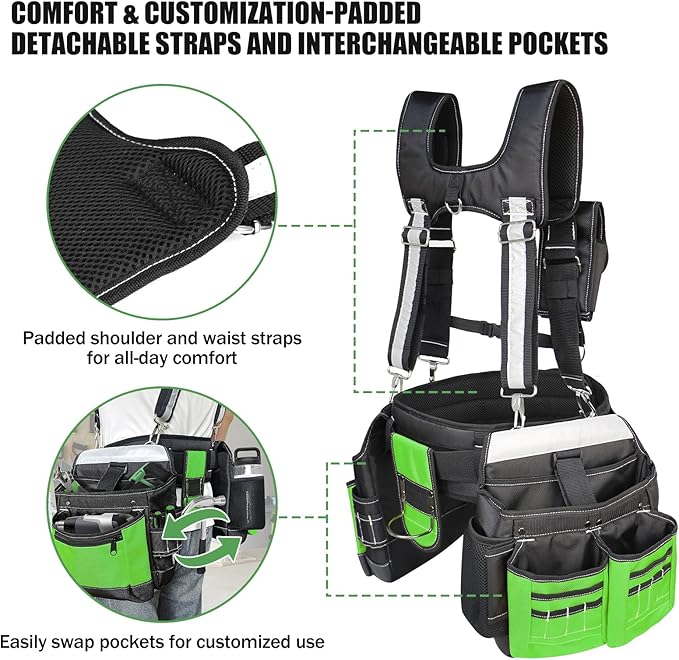 Tool Belt with Suspenders for Men, Heavy Duty Construction Tool Belt with 32 Pockets, 1680D Material, Reflective Strips for Safety, HVAC Toolbelt for Men