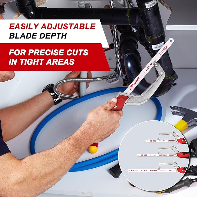HAUTMEC Compact Hacksaw, Mini Hack Saw with 3Pcs 10" Bi-Metal HSS Blade, Small Hand Saw for Metal Wood PVC, Especially Cuts in Tight Hard-Reach Spaces – HT0355