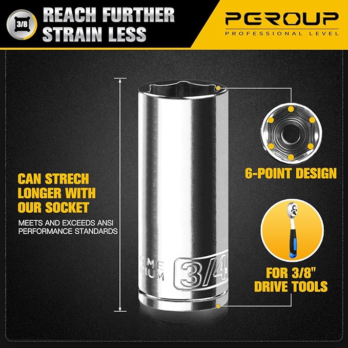 10PCS 3/8??Drive Deep Socket Set, SAE (5/16"-7/8"), 6-Point, Cr-V Steel, Chrome Plated Socket With Hanging Bracket, Cover Most Commonly Sizes